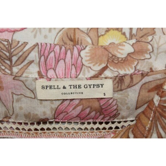 SPELL & THE GYPSY COLLECTIVE Sz S Small Jungle Print Shirt Top Crochet Trim - Picture 3 of 8